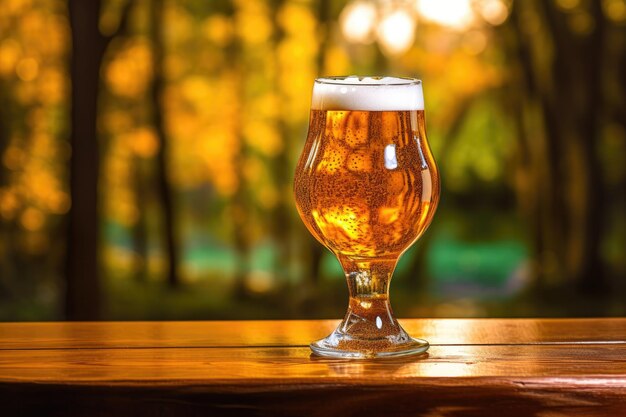 AI が生成した木製のテーブルの上にビールの入ったグラス