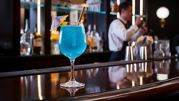 Photo glass with blue cocktail on a bar