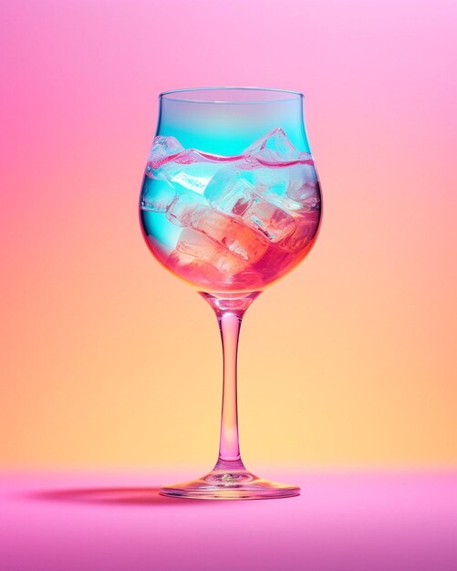 a glass with a blue and pink background with a picture of a house on it.