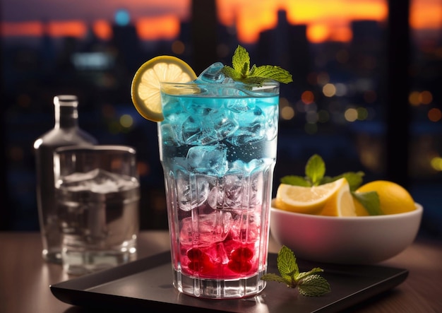 Glass with blue and red alcohol cocktail with orange slice and mint leaf on restaurant table