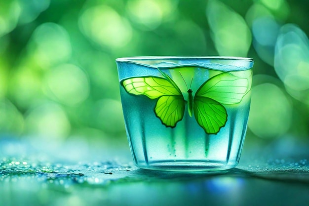 a glass with a butterfly on it and a green butterfly on it