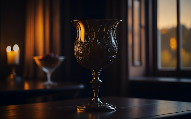 A glass with a candle on it sits on a table in a dark room