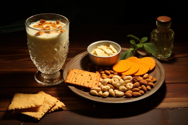 Photo glass with chips nuts and crackers