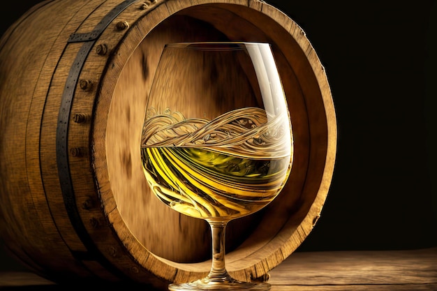 Glass with clear white wine on background of wine barrel