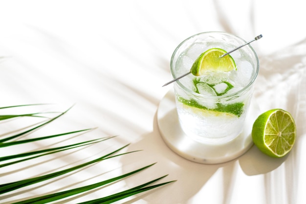 Glass with cold mineral water with lime and ice cubes Tropical palm leaf shadow Sunlight and shadow background beidge minimal