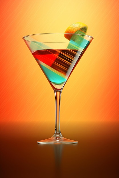 a glass with a colored liquid in it that has the word martini on it.