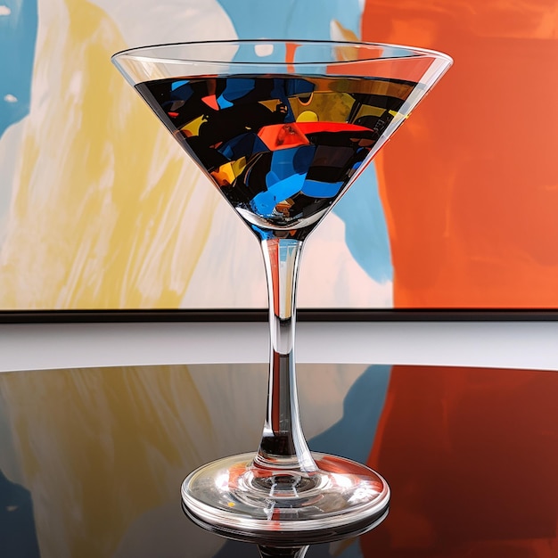 a glass with colored squares in it sits on a table.