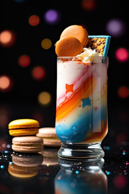 a glass with a colorful dessert and cookies