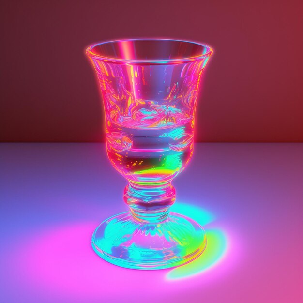 a glass with a colorful light and a red background