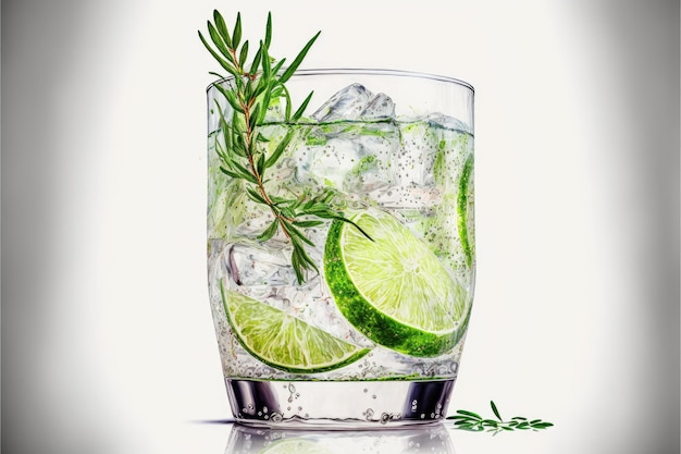 A glass with cool drink with sprig of rosemary and slice of lime on white