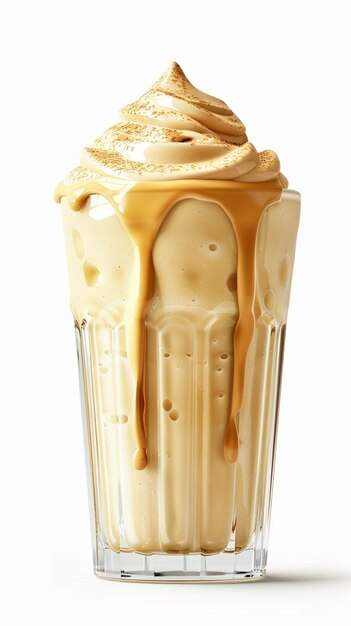 a glass with a cream filled with caramel sauce