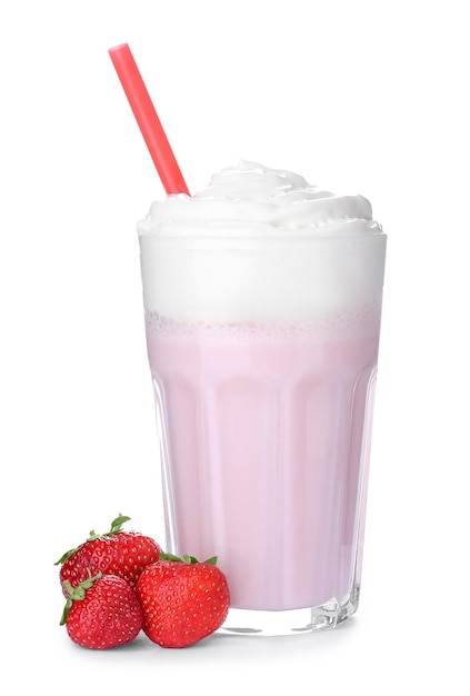 Glass with delicious milk shake on white background