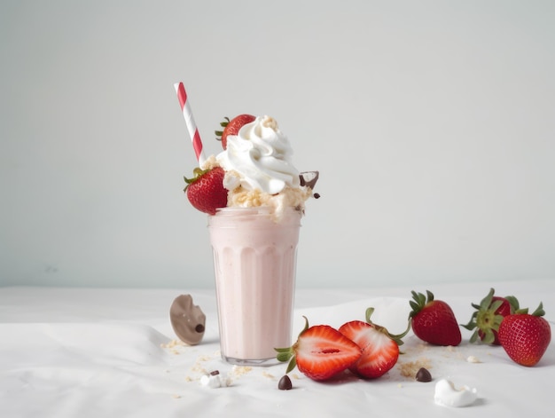 Glass with delicious strawberry milk shake Generative AI