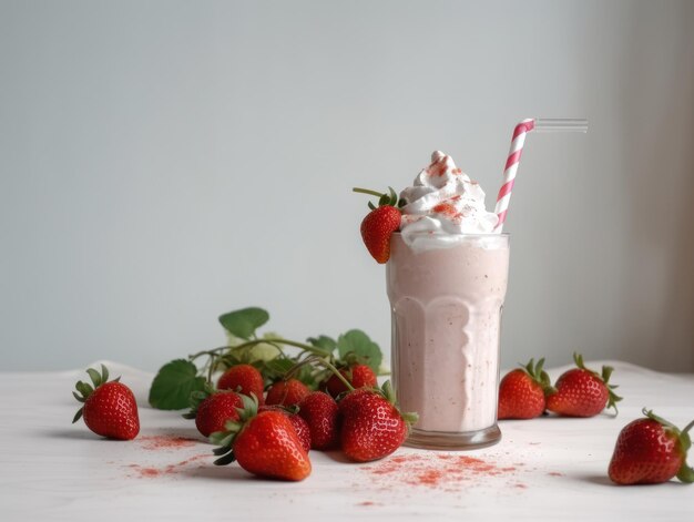 Glass with delicious strawberry milk shake Generative AI