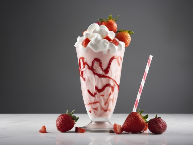 照片玻璃与美味的草莓奶昔生成人工智能