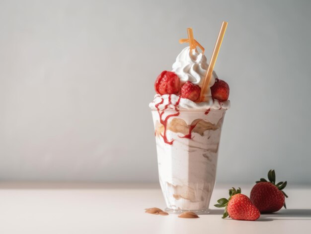 Glass with delicious strawberry milk shake Generative AI