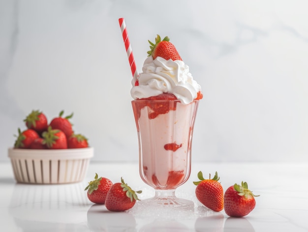 맛있는 딸기 밀크 쉐이크가 있는 유리 Generative AI