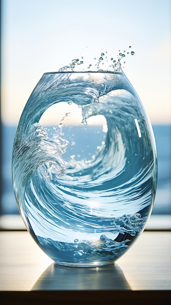 写真 飲み物と劇的な海の波を背景にしたグラス