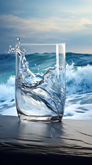 Foto vaso con bevanda e drammatiche onde oceaniche sullo sfondo