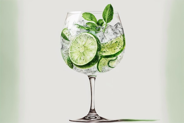 A glass with drink with ice decorated with piece of lime on white