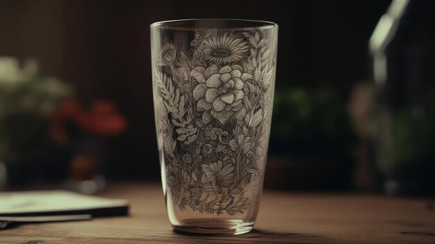 A glass with a floral design on it