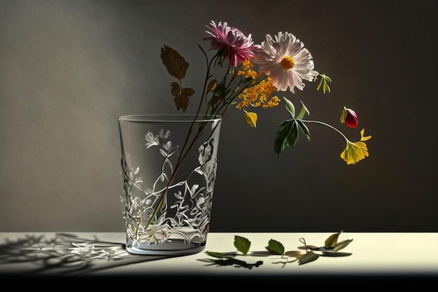 A glass with flowers in it and a few leaves on the table.