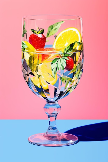 a glass with fruit and lemons on it and a strawberry on the bottom.