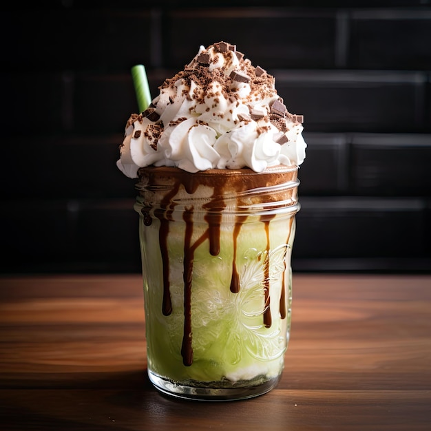 a glass with a green drink with whipped cream and chocolate drizzle