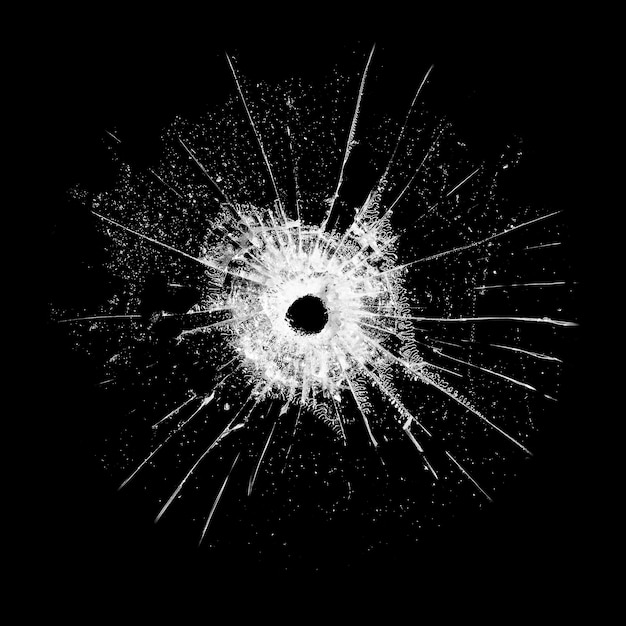 Photo glass with a hole and cracks isolated on a black background