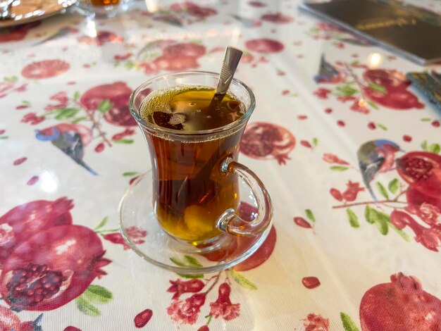 Photo glass with hot black tea