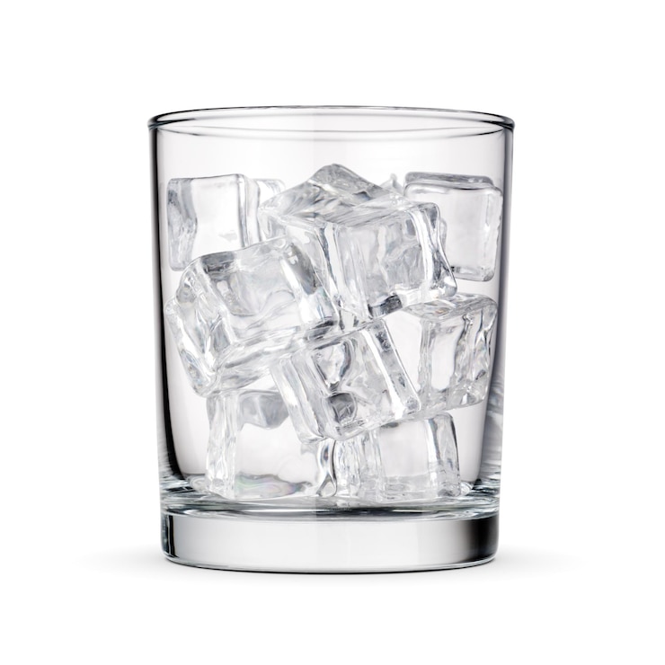 Photo glass with ice cubes isolated on white