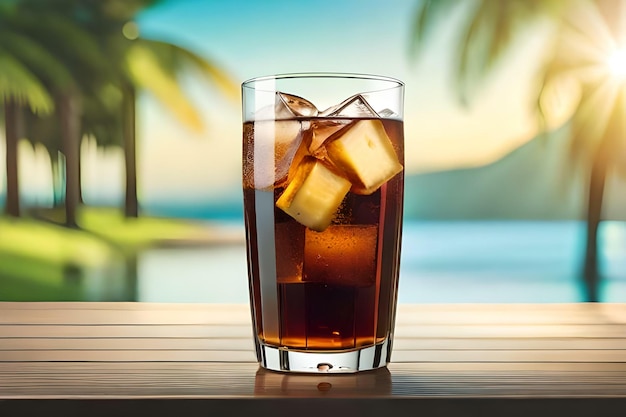 Glass with ice cubes and soda with tropical background Created with generative Ai technology