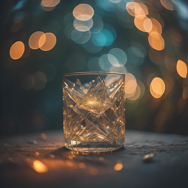 A glass with ice in it and a tree in the background.