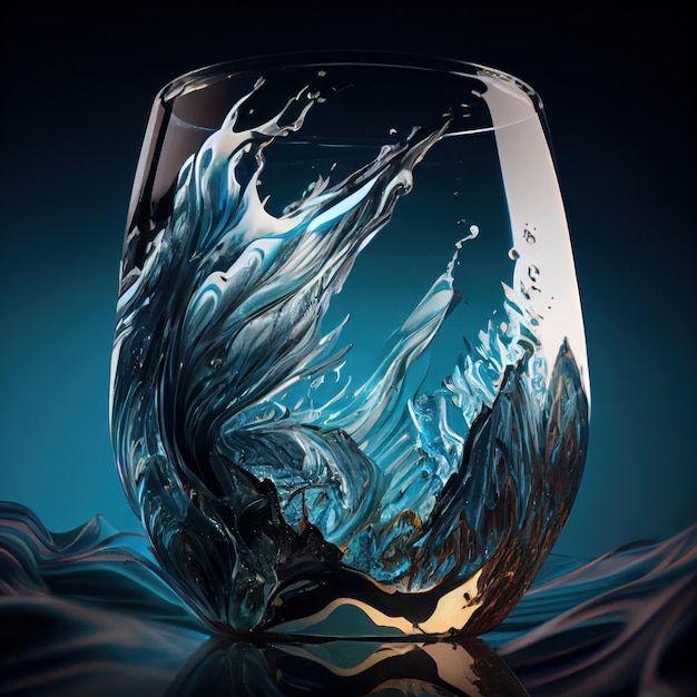 A glass with ice splashes on icy background