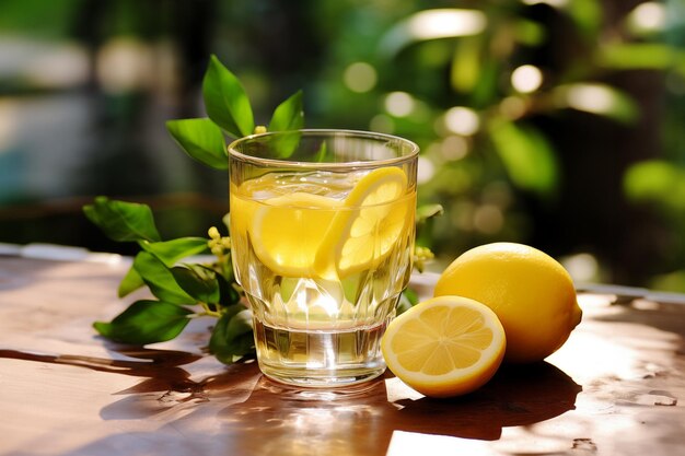 Photo glass with lemon cocktail on the street cafe table