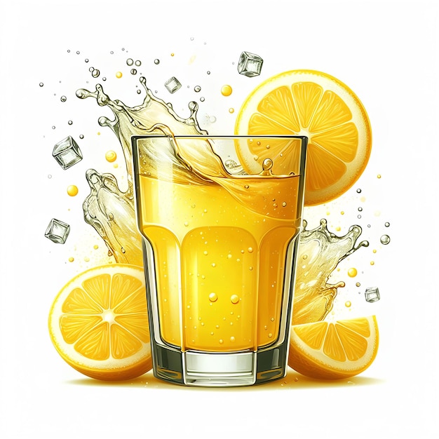 glass with lemon juice with lemon juice splash isolated on white background