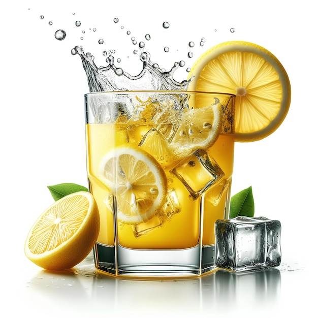 Склянка с лимонным соком с брызг лимонного сока изолированный на белом фоне