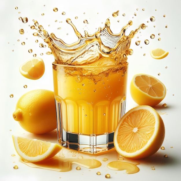 レモンのジュースと白い背景に隔離されたレモンジュースのスプラッシュ