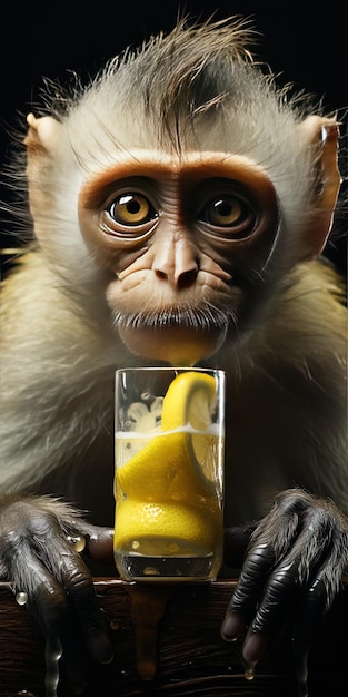 Photo a glass with a lemon wedge in it and a banana in it.