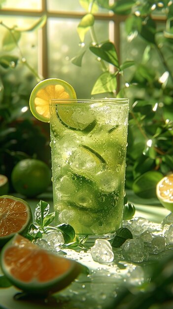 Photo a glass with a lemon wedge and a slice of lemon