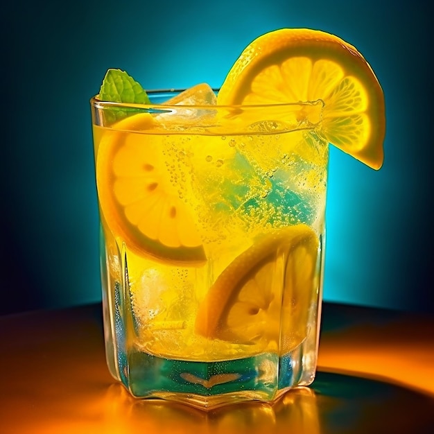 a glass with lemons and limes on a table.