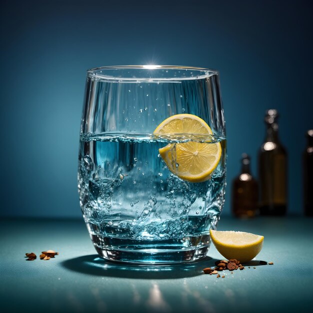 Glass with Liquid on Table Blue Background