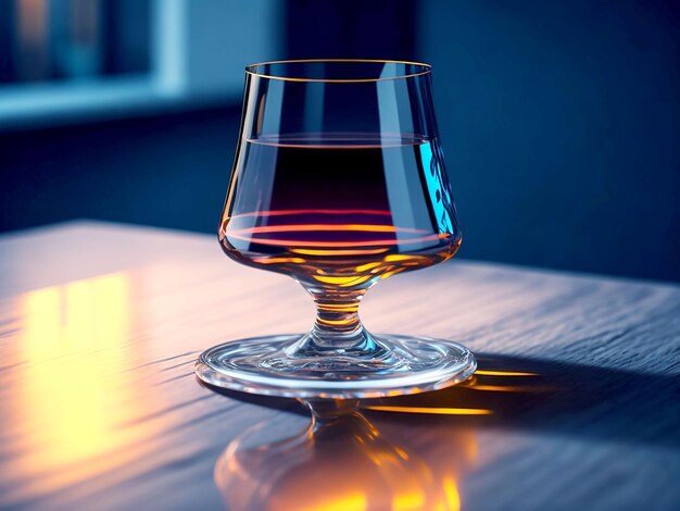 A glass with liquid on wooden table