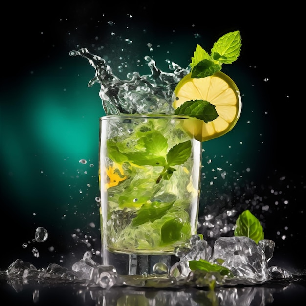 A glass with a Mojito cocktail and ice and a slice of lime and mint