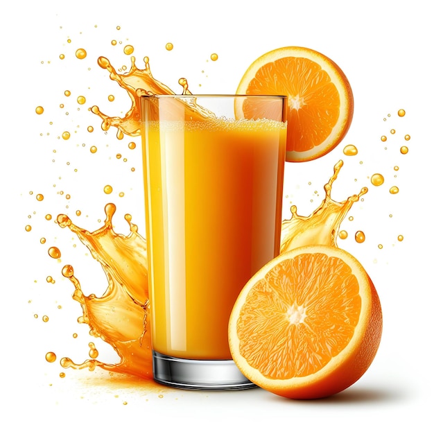 glass with orange juice with orange juice splash isolated on white background