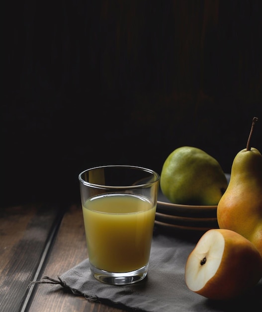 A glass with pear juice and pears on wooden table Generative AI