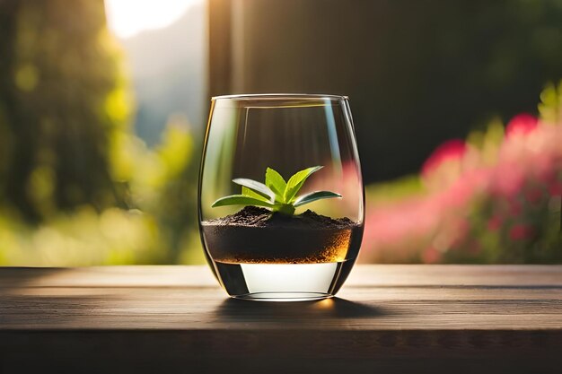 A glass with a plant growing out of it