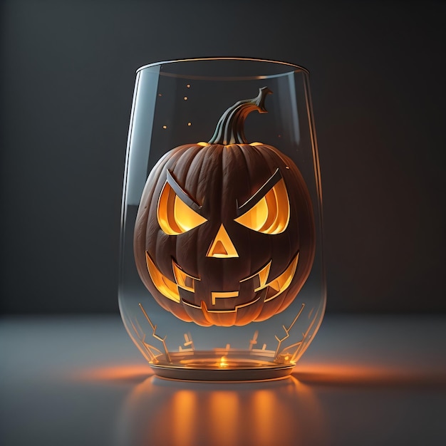 A glass with a pumpkin carved into it that says halloween on it