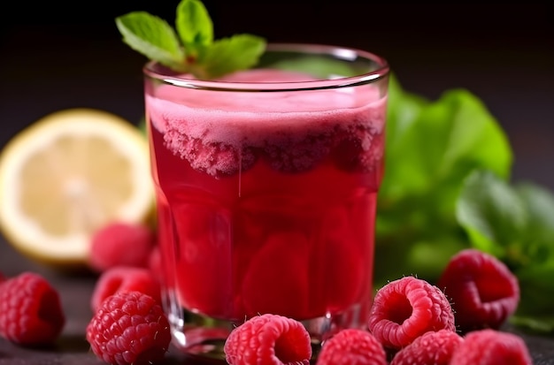 Photo glass with raspberry juice on the table