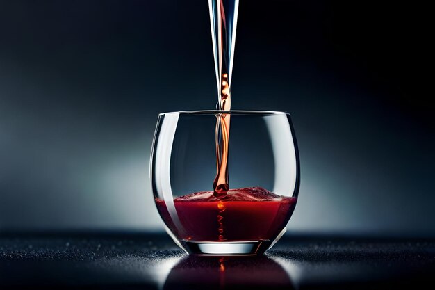 a glass with red liquid in it and a dark background.